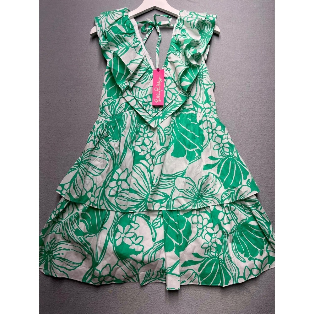 Lilly Pulitzer Ritamarie V-Neck Cotton Ruffle Dress Spearmint Floral 12 NEW